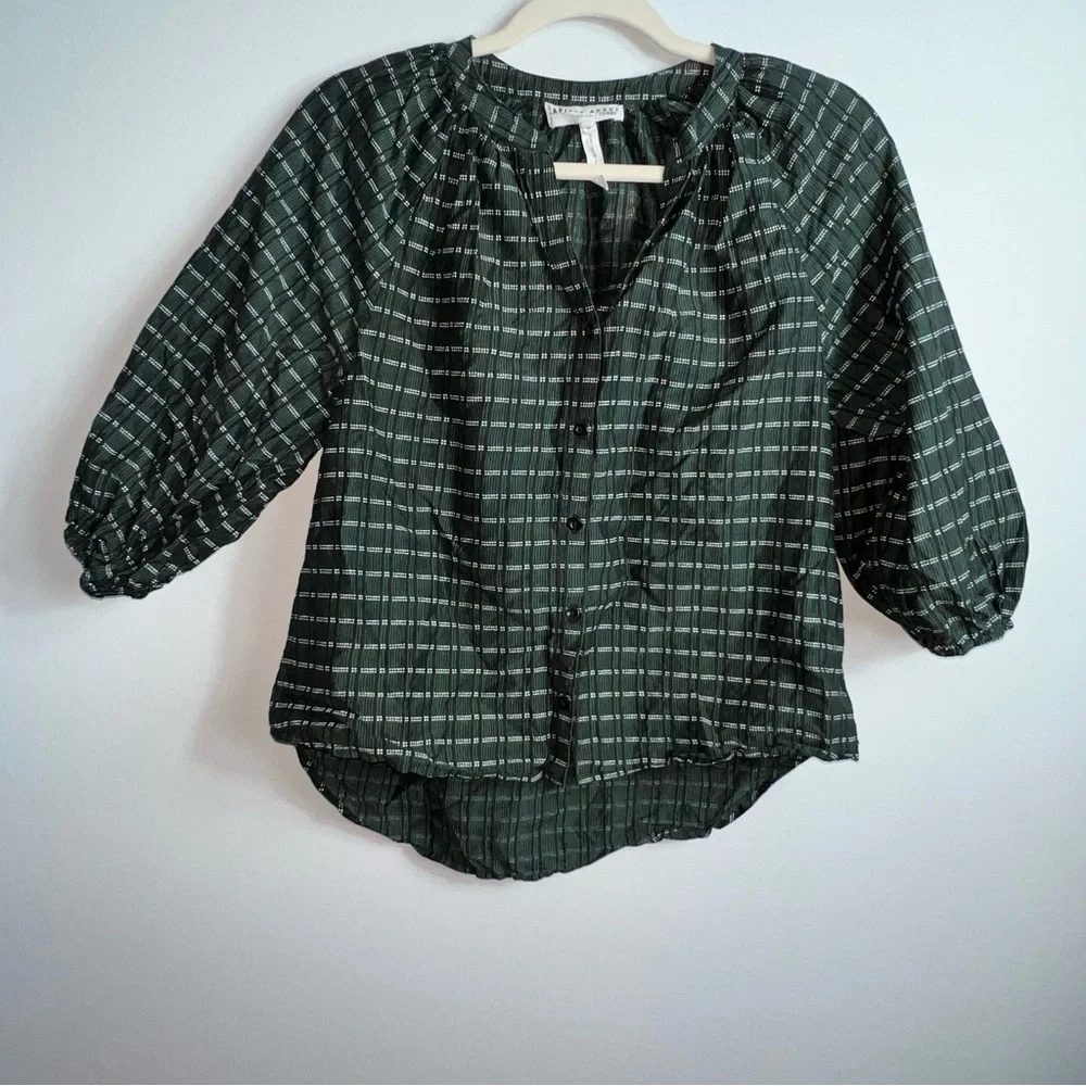 Apiece Apart Mitte Striped Top forest green stripe XS peasant blouse cotton silk - Picture 3 of 14